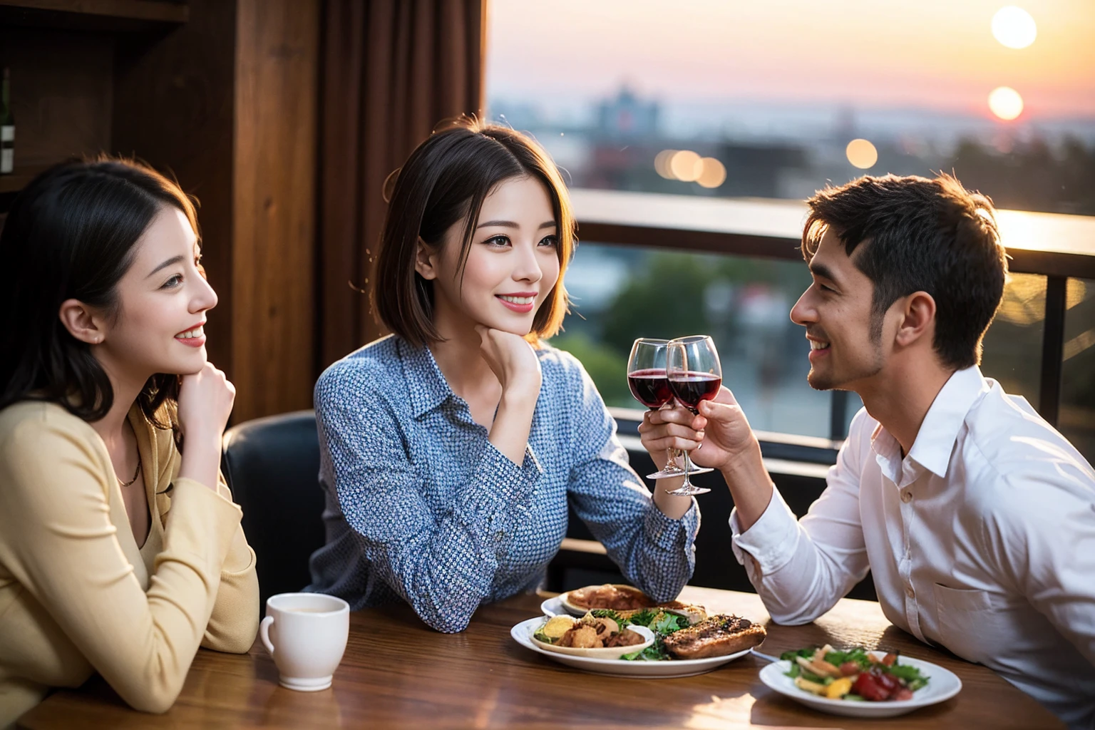 ((Highest quality、8K、masterpiece:1.3))、1 male 1 female、lover、Beautiful couple、Happy smile、full-course dinner、 (Slim face), (the body is スリム), (Brown Hair), (Shortcuts), ((Bob Hale、Straight hair:1.2)), テーブルの上のwine glass、Put the light on your face、 Amazing view of the sunset sky and clouds、The beauty of a smile、Bright image、Blushing, Shortcuts, (Age 35), 39 years old, Appetizers、Italian food、Wine bottle、Champagne、sparkling wine、Long sleeve shirt、dress、Attractive beauty、restaurant, Nova Frog Style, actress, model, Upper Body, White wine, red wine, wine glass, 