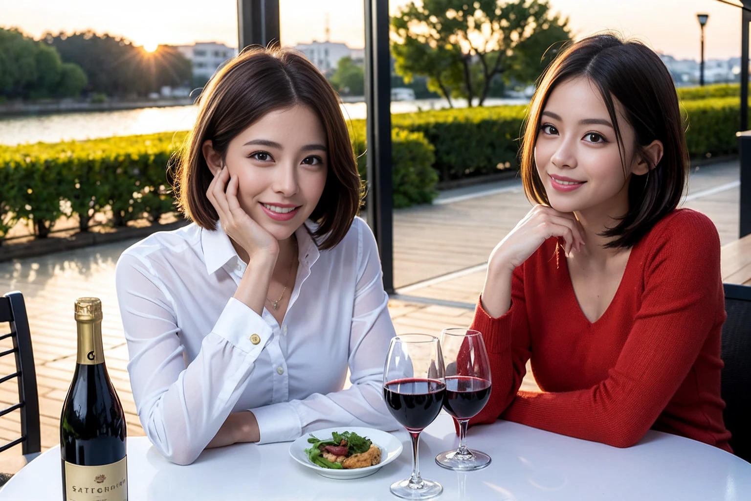 ((Highest quality、8k、masterpiece:1.3))、 (Genuineistic, Genuine、Bright image、Intricate details:1.2), 最高のsmile、1 male, 1 female、Beautiful couple、Satomi Ishihara-like lover、Good friends、actress couple、smile、Full-course dinner at a packed table、 (Slim face), (the body is slim), (Brown Hair), (short hair), テーブルのwine glass、Please shine a light on my face、 Amazing view of the sunset sky and clouds、 (42 years old)38 years old, red wine 、Appetizers、Wine bottle、sparkling wine、Long sleeve shirt、dress、White wine, red wine, wine glass,