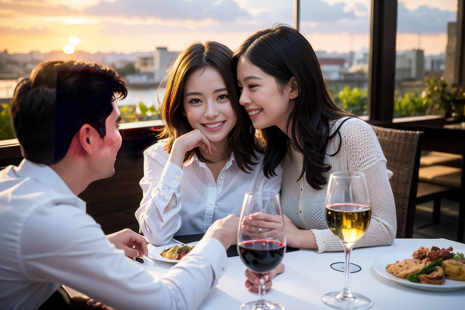 ((Highest quality、8k、masterpiece:1.3))、 (Genuineistic, Genuine、Bright image、Intricate details:1.2), 最高のsmile、1 male, 1 female、Beautiful couple、Satomi Ishihara-like lover、Good friends、actress couple、smile、Full-course dinner at a packed table、 (Slim face), (the body is slim), (Brown Hair), (short hair), テーブルのwine glass、Please shine a light on my face、 Amazing view of the sunset sky and clouds、 (42 years old)38 years old, red wine 、Appetizers、Wine bottle、sparkling wine、Long sleeve shirt、dress、White wine, red wine, wine glass,