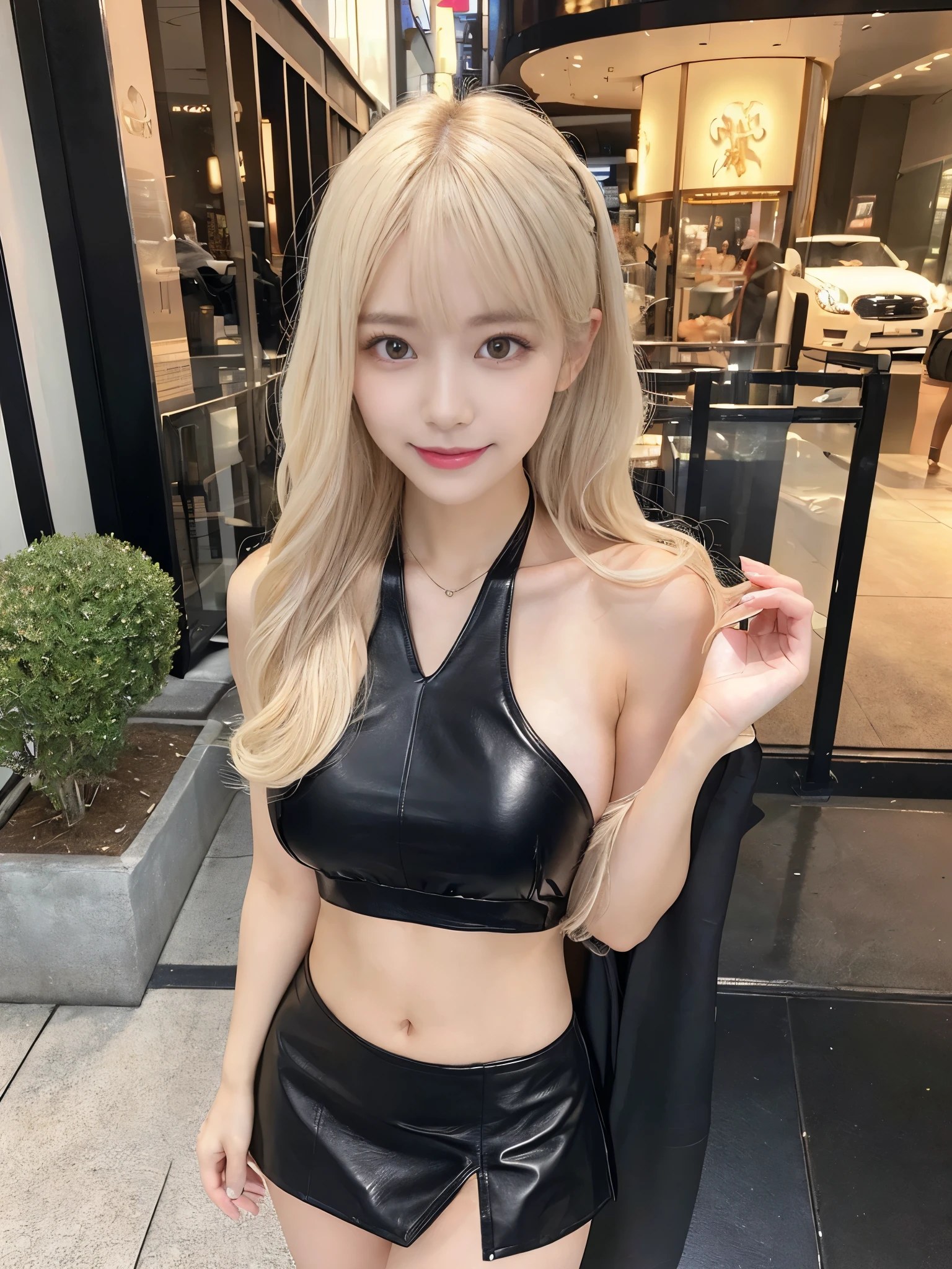 (Full Body Shot:1.3),( Masterpiece, Highest quality), 98k, ((Perfect Anatomy:1.2)),Beautiful Japanese Women, Succubus,(One person:1.3), 20-year-old, Small face,(Cute face:1.2),Smiling, Larger breasts, ,Beautiful and detailed eyes, Evenly spaced eyes 1.2, long platinum blonde hair,(Random Hairstyles), (Highly detailed face and skin texture), Beautiful face in golden proportions,White skin,(Black leather mini skirt:1.2),(Random sexy poses:1.2)、(Expose the valley:1.3),(Exposing your thighs:1.2),Gal Makeup,Halter neck