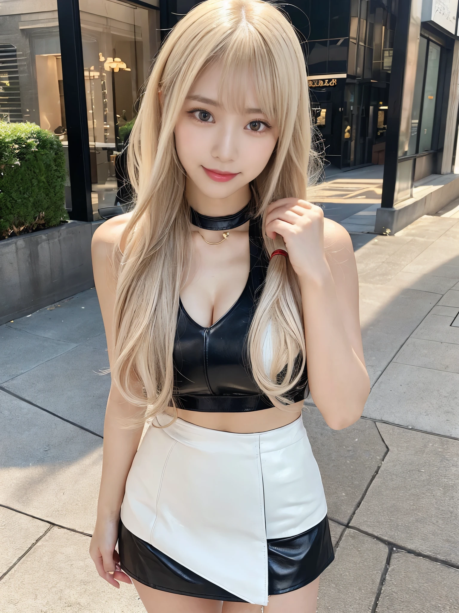 (Full Body Shot:1.3),( Masterpiece, Highest quality), 98k, ((Perfect Anatomy:1.2)),Beautiful Japanese Women, Succubus,(One person:1.3), 20-year-old, Small face,(Cute face:1.2),Smiling, Larger breasts, ,Beautiful and detailed eyes, Evenly spaced eyes 1.2, long platinum blonde hair,(Random Hairstyles), (Highly detailed face and skin texture), Beautiful face in golden proportions,White skin,(Black leather mini skirt:1.2),Random sexy poses、(Expose the valley:1.3),(Exposing your thighs:1.2),Gal Makeup,Halter neck