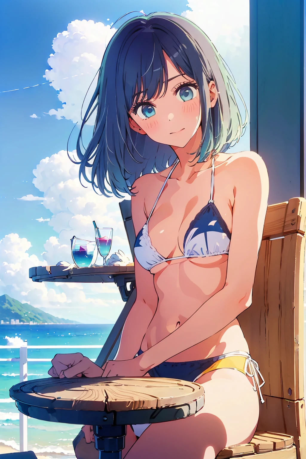 Highest quality,8k,detailed,F cup bust、Big Breasts、Slim and beautiful arms、Slim body、Very white beautiful skin、((((1 person、smile、Swimwear、smile、sit、Leaning back in a chair、In the background are the urban buildings of Tokyo、Outdoor café terrace、coastal、table、Navy hair color、Cheek resting on hand、juice、She is wearing a white side-string high-leg bikini、Very cute face))))、Sexy pose、Very blue sky、A completely cloudless sky、She tilted her head slightly、The atmosphere is bright and lively、The woman is at the center of the image。