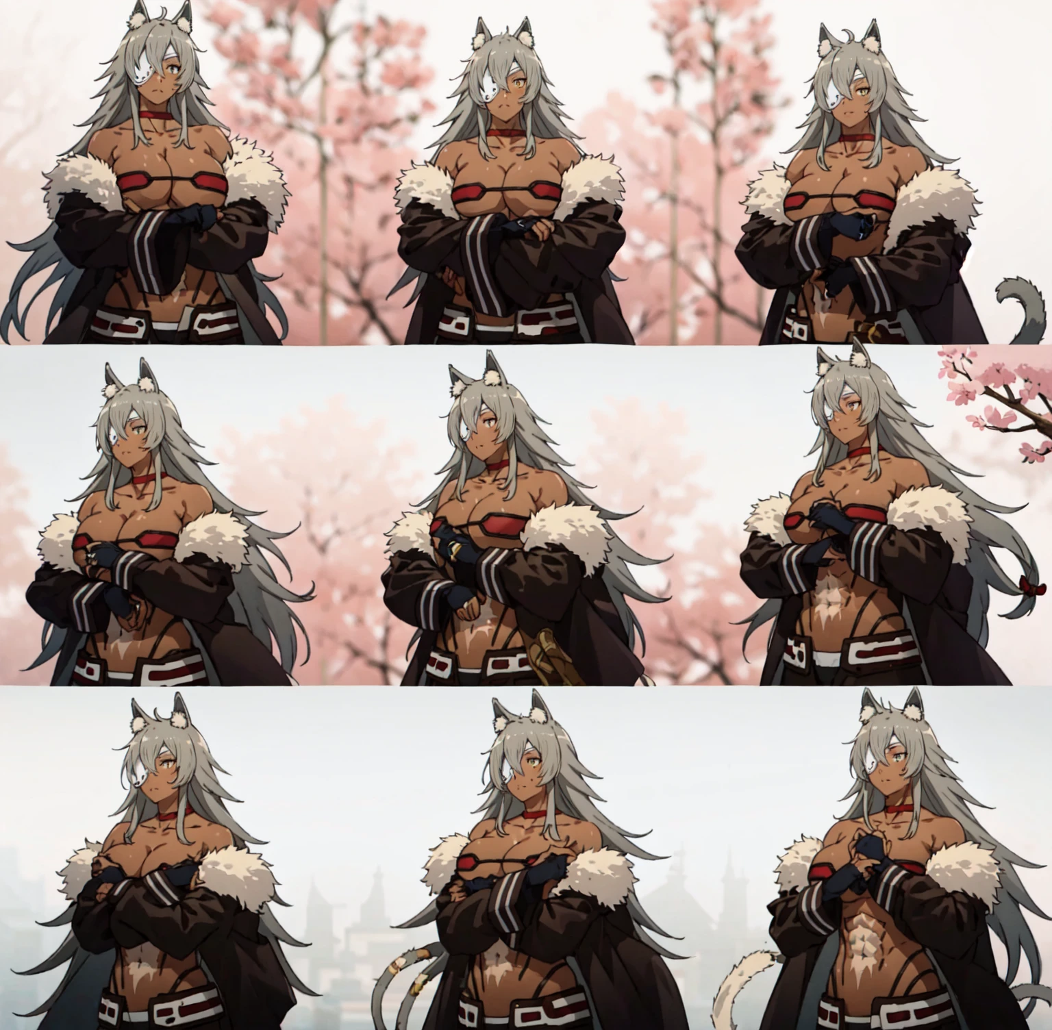 gray hair, gray long hair, ((yellow eyes)), eye patch, (((muscular))), big breasts, happy, (tanned skin), ((black clothes)), sexy, Ghislaine Dedoldia of Mushoku Tensei, fur-trimmed jacket, green pants, open fly, open belt, bikini top only, red choker, cat ears