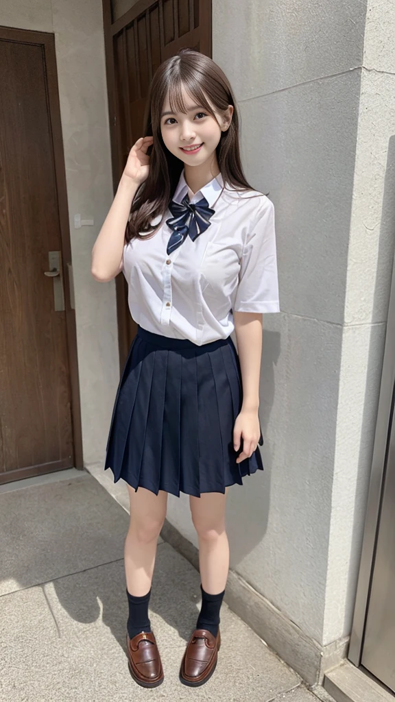 (A slim girl with big breasts in a high school uniform:1.3、Long Shot:1.5、Brown Loafers:1.5、Stand with your feet shoulder-width apart:1.5、Facing forward:1.5)、(Looking at me with a cute face and smiling: 1.5)、(No background:1.3)、(Anatomically correct:1.3)、(Complete Hand:1.3)、(Full Finger:1.3)、Photorealistic、Raw photo、Highest quality、High Resolution、Delicate and beautiful、Perfect Face、Beautiful fine details、Fair skin、Real human skin、pores、((Thin legs))、(Black Hair)