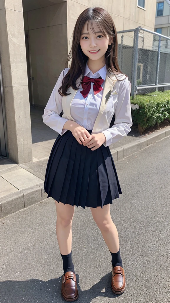 (A slim girl with big breasts in a high school uniform:1.3、Long Shot:1.5、Brown Loafers:1.5、Stand with your feet shoulder-width apart:1.5、Facing forward:1.5)、(Looking at me with a cute face and smiling: 1.5)、(No background:1.3)、(Anatomically correct:1.3)、(Complete Hand:1.3)、(Full Finger:1.3)、Photorealistic、Raw photo、Highest quality、High Resolution、Delicate and beautiful、Perfect Face、Beautiful fine details、Fair skin、Real human skin、pores、((Thin legs))、(Black Hair)
