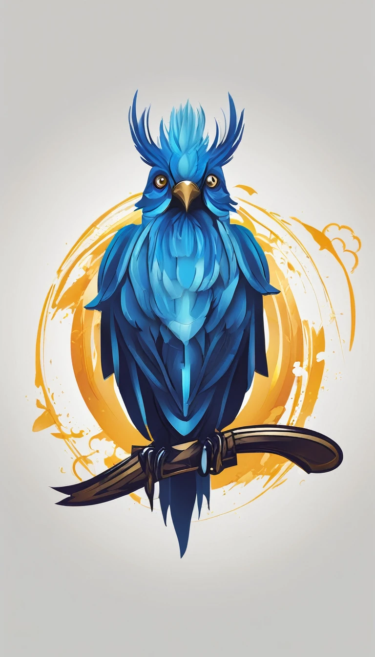 Create a minimalistic, simple, fantastic, easy to understand, logo design for an upcoming Role Playing Game called " Penamemoria". The game is about a world of bird and feathers. A boy enters that world and discovers his true artistic identity. Create a logo design that transmits the essence of this videogame. It´s a fantasy game, with fantasy elements. Create the logo in the center and a fantasy theme as background. Use the colours blue, white, yellow in the logo.