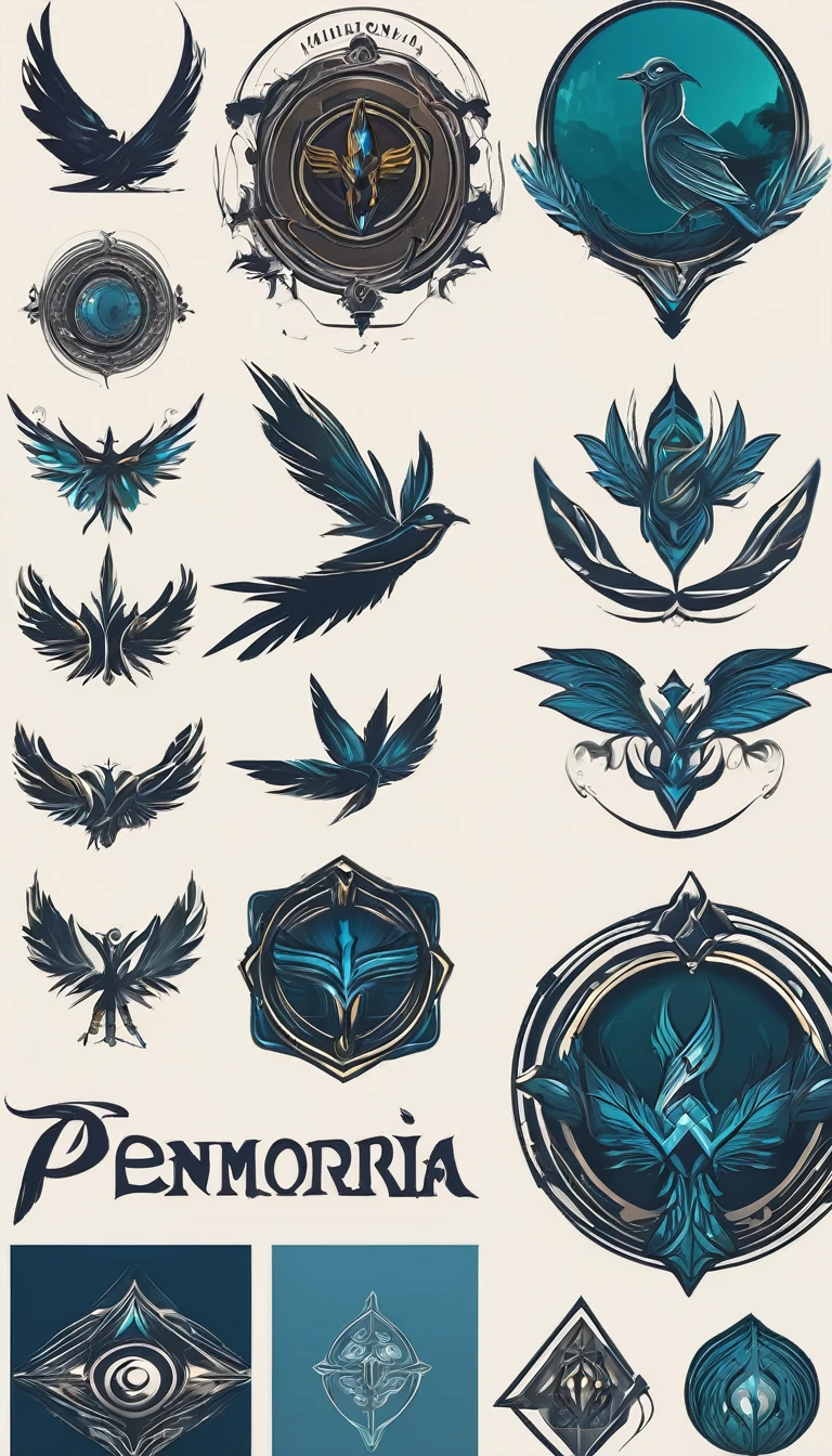 Create a minimalistic, simple, fantastic, easy to understand, logo design for an upcoming Role Playing Game called " Penamemoria". The game is about a world of bird and feathers. A boy enters that world and discovers his true artistic identity. Create a logo design that transmits the essence of this videogame. It´s a fantasy game, with fantasy elements. Create the logo in the center and a fantasy theme as background. Use the colours blue, white, yellow in the logo.