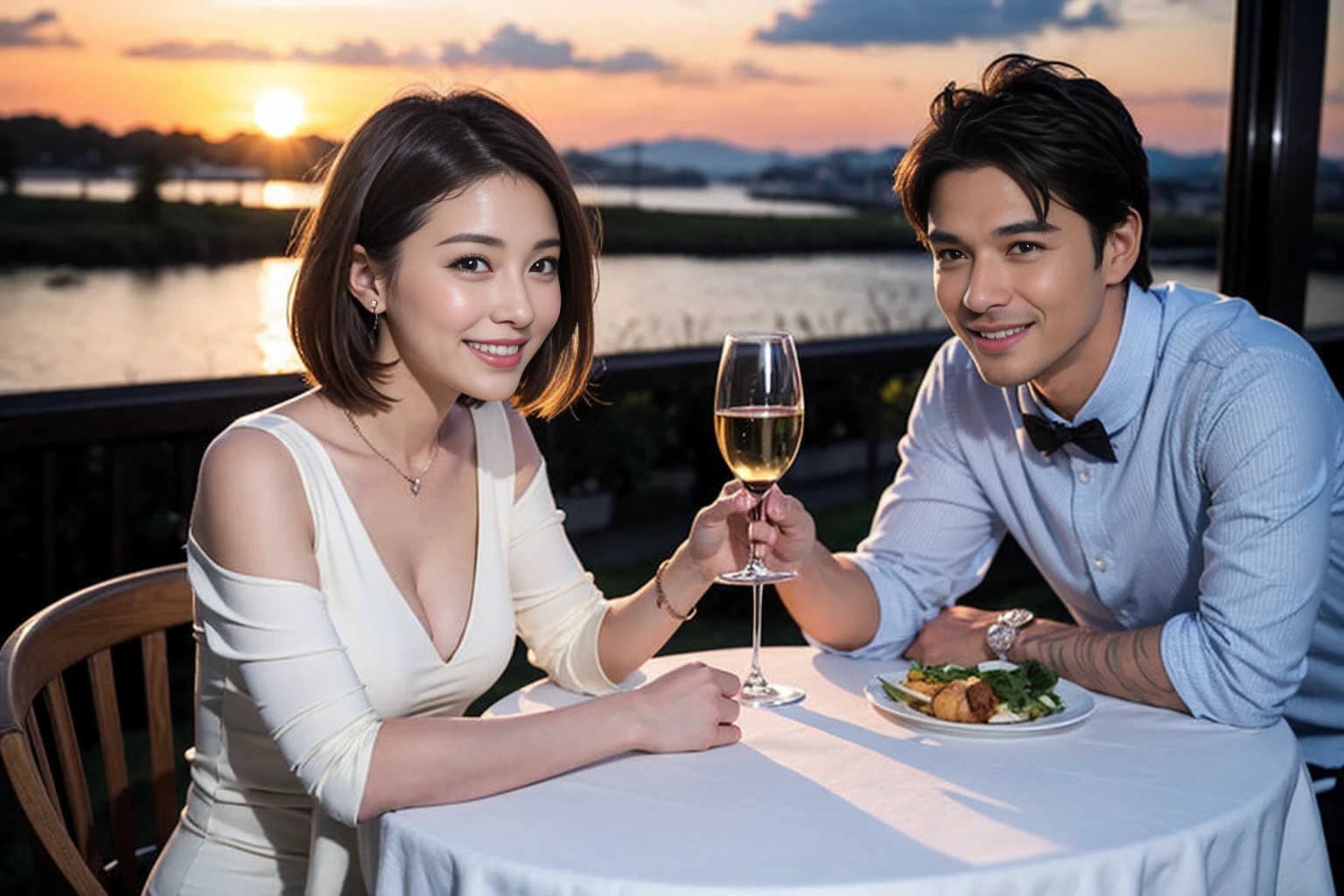 ((Highest quality、8k、masterpiece:1.3))、 (Genuineistic, Genuine、Bright image、Intricate details:1.2), 最高のsmile、1 male 1 female、Beautiful couple、spouse、fiancee、Good friends、actress couple、smile、Full-course dinner at a packed table、 (Slim face), (the body is slim), (Brown Hair), (short hair), テーブルのwine glass、Please shine a light on my face、 Amazing view of the sunset sky and clouds、 (42 years old)40 years old, red wine 、Appetizers、Wine bottle、sparkling wine、Long sleeve shirt、dress、White wine, red wine, wine glass,