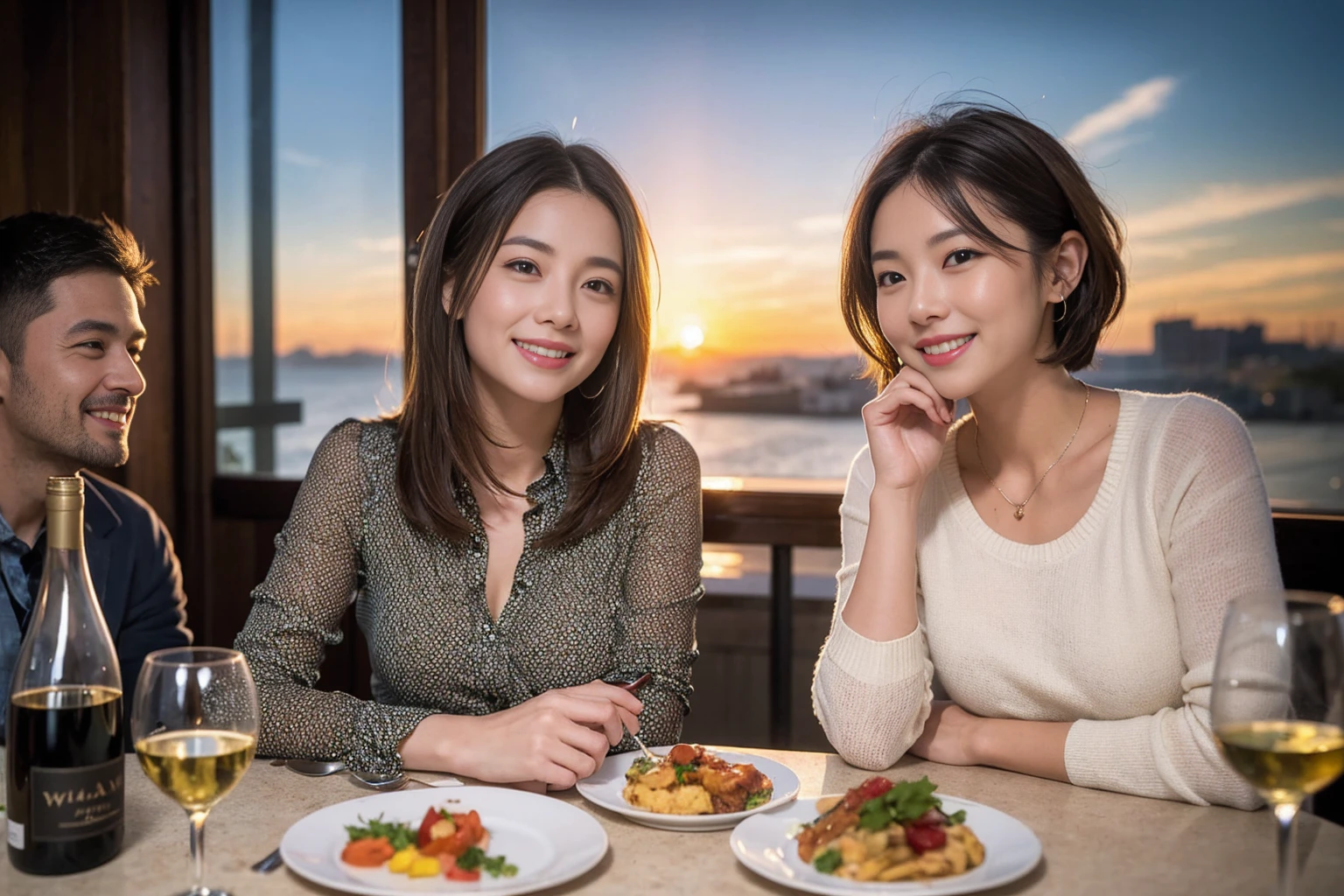 ((Highest quality、8k、masterpiece:1.3))、 (Genuineistic, Genuine、Bright image、Intricate details:1.2), 最高のsmile、1 male 1 female、Beautiful couple、spouse、fiancee、Good friends、actress couple、smile、Full-course dinner at a packed table、 (Slim face), (the body is slim), (Brown Hair), (short hair), テーブルのwine glass、Please shine a light on my face、 Amazing view of the sunset sky and clouds、 (42 years old)40 years old, red wine 、Appetizers、Wine bottle、sparkling wine、Long sleeve shirt、dress、White wine, red wine, wine glass,