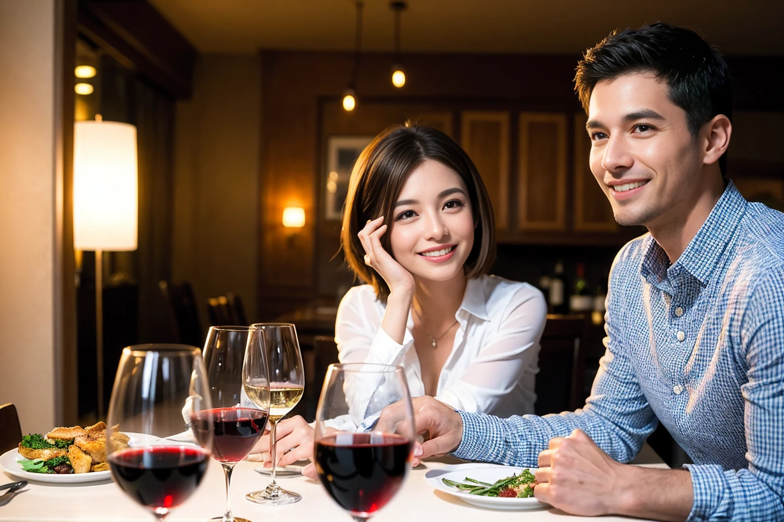 ((Highest quality、8k、masterpiece:1.3))、 (Genuineistic, Genuine、Bright image、Intricate details:1.2), 最高のsmile、1 male 1 female、Beautiful couple、spouse、fiancee、Good friends、actress couple、smile、Full-course dinner at a packed table、 (Slim face), (the body is slim), (Brown Hair), (short hair), テーブルのwine glass、Please shine a light on my face、 Amazing view of the sunset sky and clouds、 (42 years old)40 years old, red wine 、Appetizers、Wine bottle、sparkling wine、Long sleeve shirt、dress、White wine, red wine, wine glass,