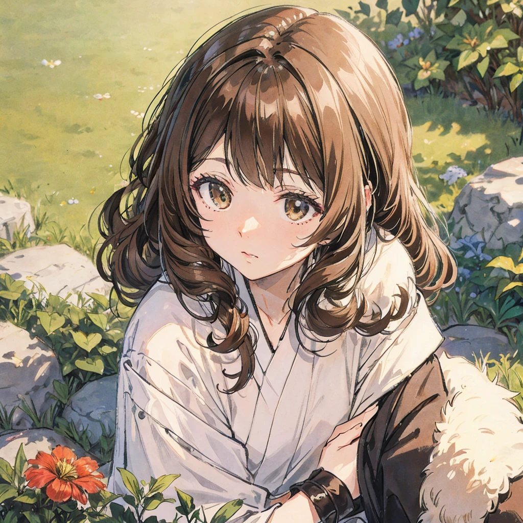 Female curly hair cute, name chiharu, in the garden, cute brown, close up picture