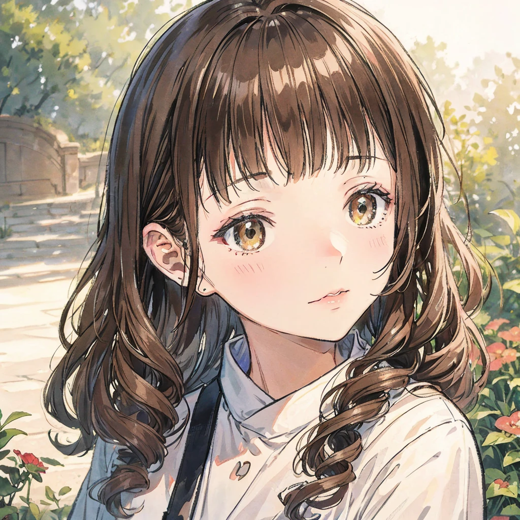 Female curly hair cute, name chiharu, in the garden, cute brown, close up picture