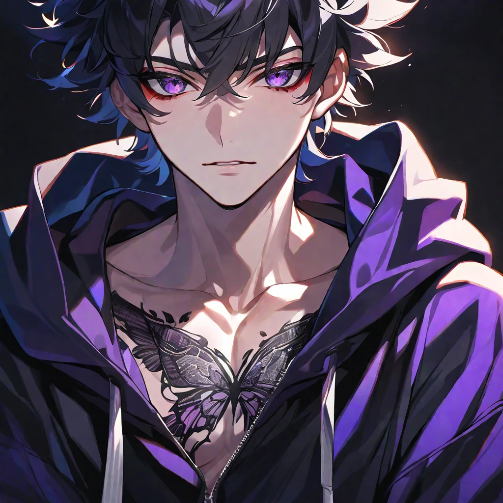 solo, handsome, Glossy feel,
1. male,
bangs,Straight Hair, ponytail,
black hair,
Izuku Midoriya,
purple Eyes,Soft look,beautiful,beautiful,Sexy,Darkness,butterfly Tattoo,Black Rose Tattoo,
black オーバーサイズ hoodie,clavicle,
skin,Black Rose,Alluring,Sexy,
black background,Close-up,