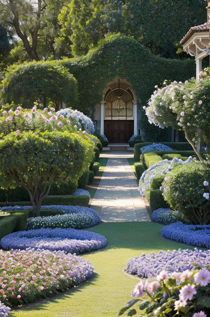 A Victorian-era mansion, de colores beige, azul y blanco, que sea grande, magnanimous, y con jardines hermosos llenos de flores; camelias, violetas, girasoles brillantes, Within the extensive land there is a strawberry plantation, there are also female knights