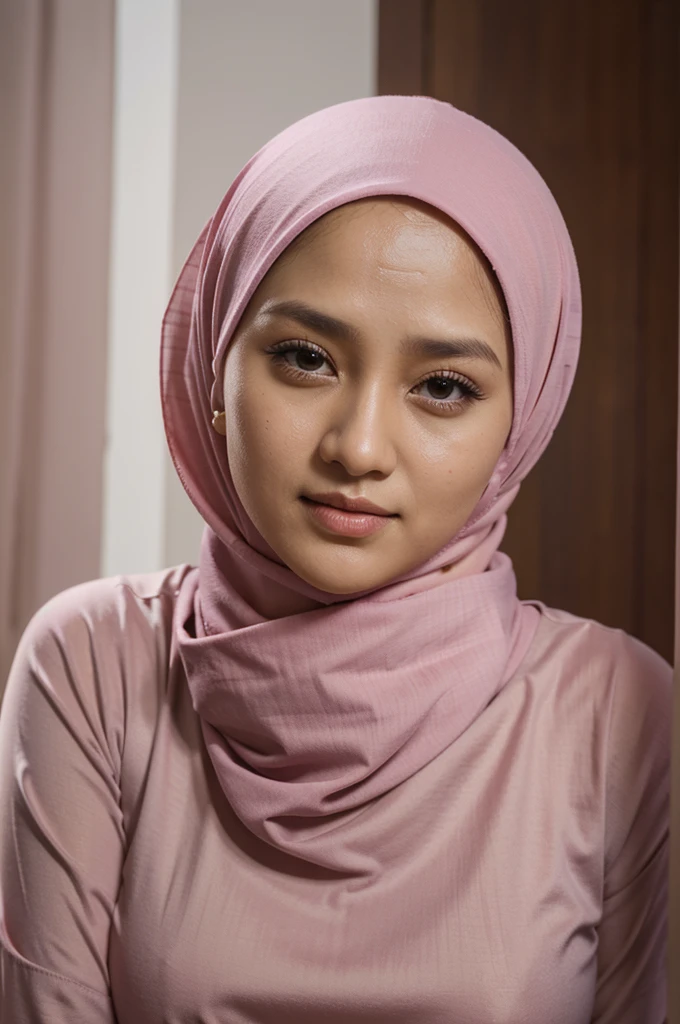 seorang perempuan menggunakan hijab menghadap ke depan dan gaun ulang tahun berwarna pink, sedang duduk di atas kursi dikelilingi balon dan di dinding ada nama Luluk Diana, HD Realistic
