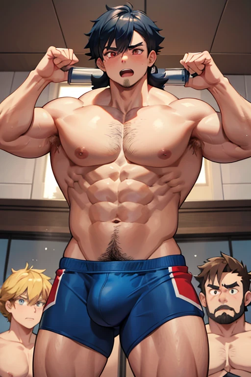 Ash Ketchum and from Pokémon flexing his biceps in front of a mirror under hypnosis with glowing red eyes as he grows into big dumb sweaty hairy muscular football jock bro in a locker room. Hyper muscles. Massive muscles. Big biceps. Big triceps. Big traps. Broad shoulders. Big pecs. Bulging crotch. Hyper crotch bulge. Dumber and dumber. Blank stare with open mouth while saying, "I am a dumb jock.... I obey.... Dumber and dumber.... Yes, Coach.... uhuhuh...." Slumped shoulders. Hypnosis. Brainwashing. Bigger and dumber jock bros. Asslation. Transformation into big dumb muscular jock bro. Slumped shoulders. Massive crotch bulge. Bulging glutes. Thick stubble. Hairy armpits. Repeating triggers to be dumber and dumber each time they say them to think and focus only on growing muscle and being the perfect football jocks. Dimwit. Dullard. Bro. Stupid. Musclehead.