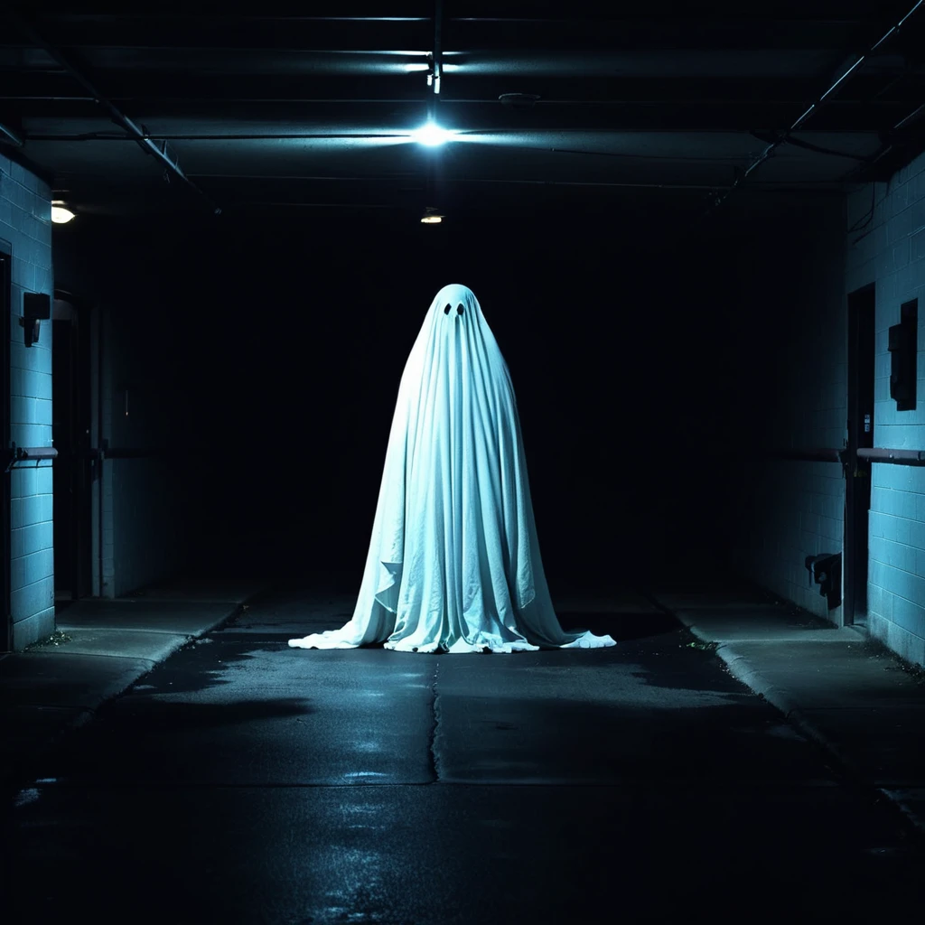 Very dark flash photography of a ghost person at night in a covered parking lot, gran angular, fondo ?????, 