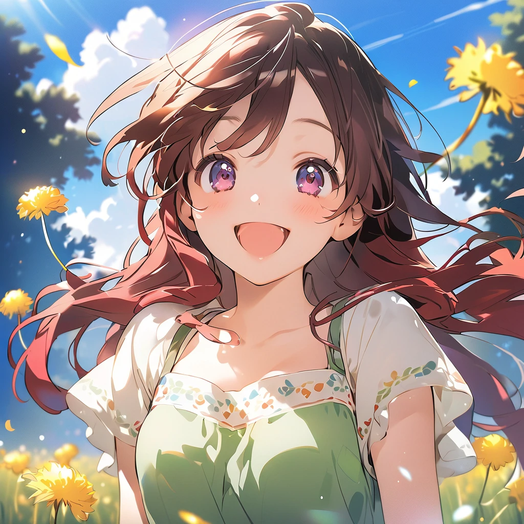 Anime young girl with dandelions blowing in the wind, Anime visuals of cute girls, Happy expression, happy girl, Smiling, Medium breasts,Open eyes,Cute,Happy and cheerful look, she expressing joy, anime image, very happy, Cute anime girl, Smiling expression, Beautiful Anime Portrait, Soft and surprised smile, soft anime illustration, Anime Illustration, she is smiling and happy, beautiful anime artwork, Cheerful expression