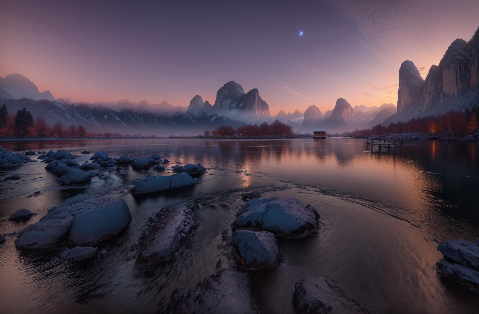 arafed view of a river with rocks and Mountains in the background, Photography taken during the blue hour, Karst, riverside, Chinese scenery, early morning, author：Shi Rui, author Shen Zhou, Wide Angle River, Blue Hour Photography, Stunning scenery, author Victor Wang, beautiful serene landscape, Shen Quan, Stunning scenery, Rivers with excellent water quality, Mountain