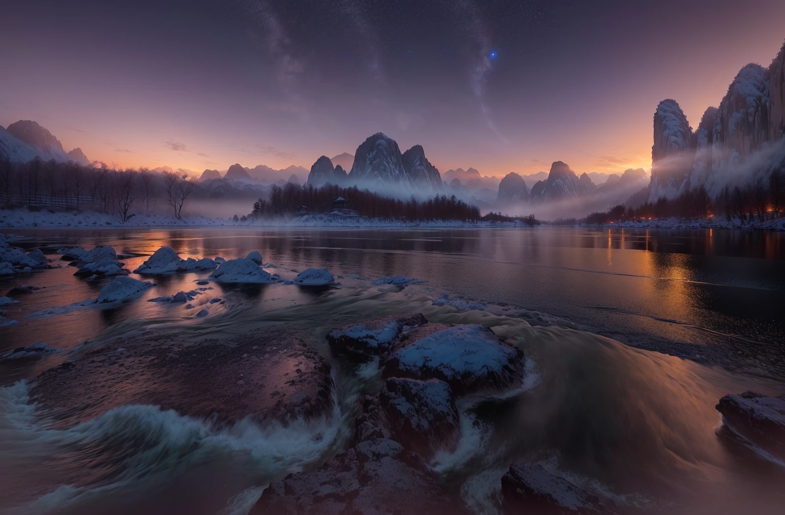 arafed view of a river with rocks and Mountains in the background, Photography taken during the blue hour, Karst, riverside, Chinese scenery, early morning, author：Shi Rui, author Shen Zhou, Wide Angle River, Blue Hour Photography, Stunning scenery, author Victor Wang, beautiful serene landscape, Shen Quan, Stunning scenery, Rivers with excellent water quality, Mountain