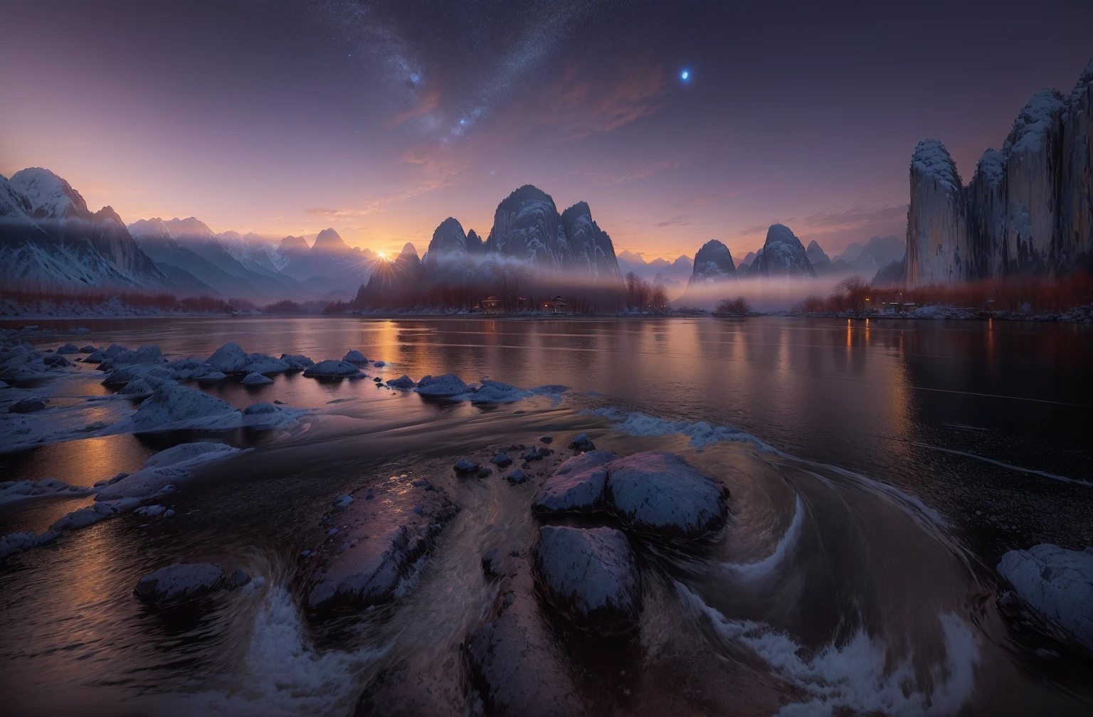 arafed view of a river with rocks and Mountains in the background, Photography taken during the blue hour, Karst, riverside, Chinese scenery, early morning, author:Shi Rui, author Shen Zhou, Wide Angle River, Blue Hour Photography, Stunning scenery, author Victor Wang, beautiful serene landscape, Shen Quan, Stunning scenery, Rivers with excellent water quality, Mountain
