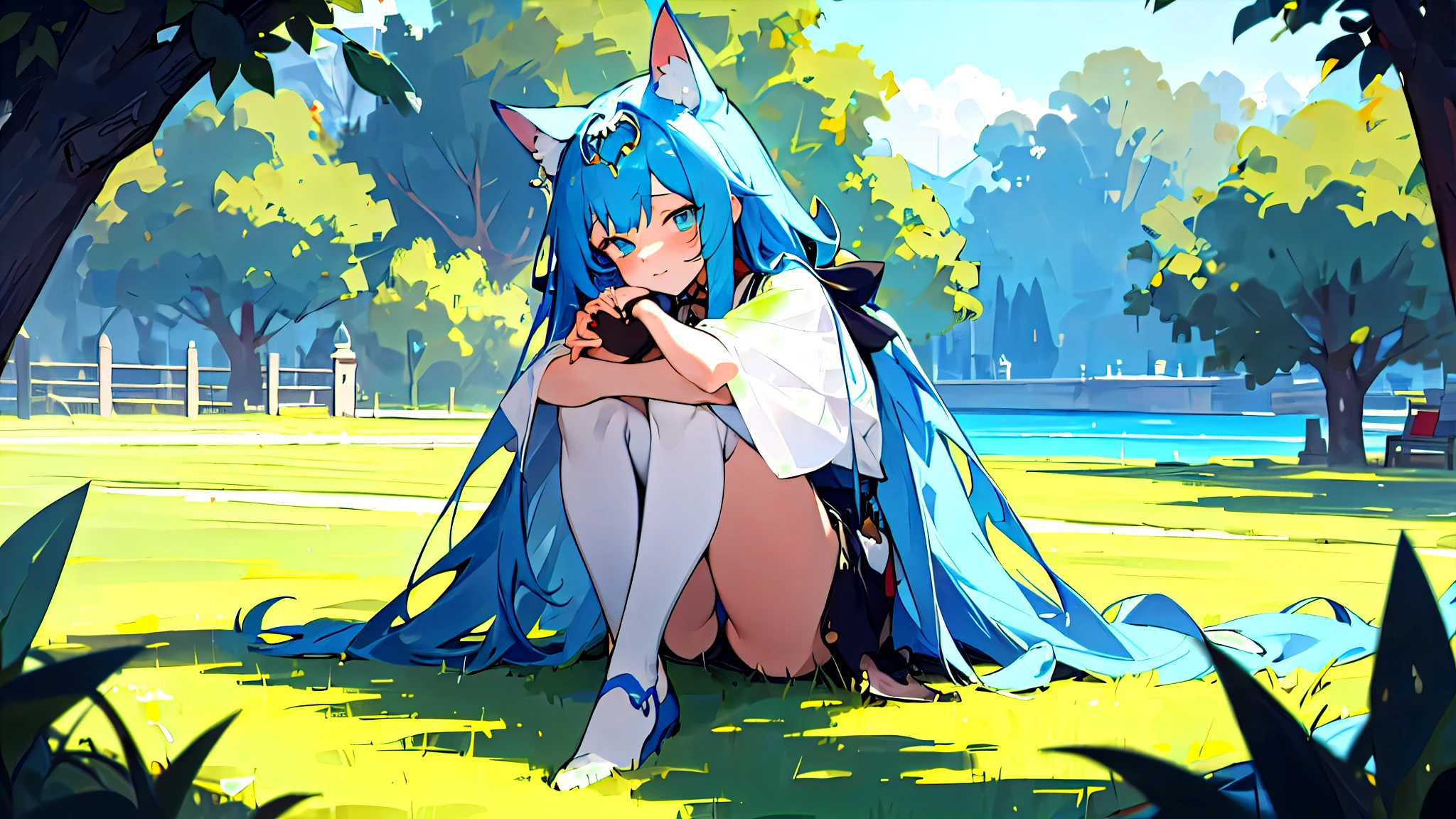 (masterpiece, best quality),1. Girl with long blue hair,Cat ears on the head,Sitting on the grass,Heart-type pupils,Shy expression