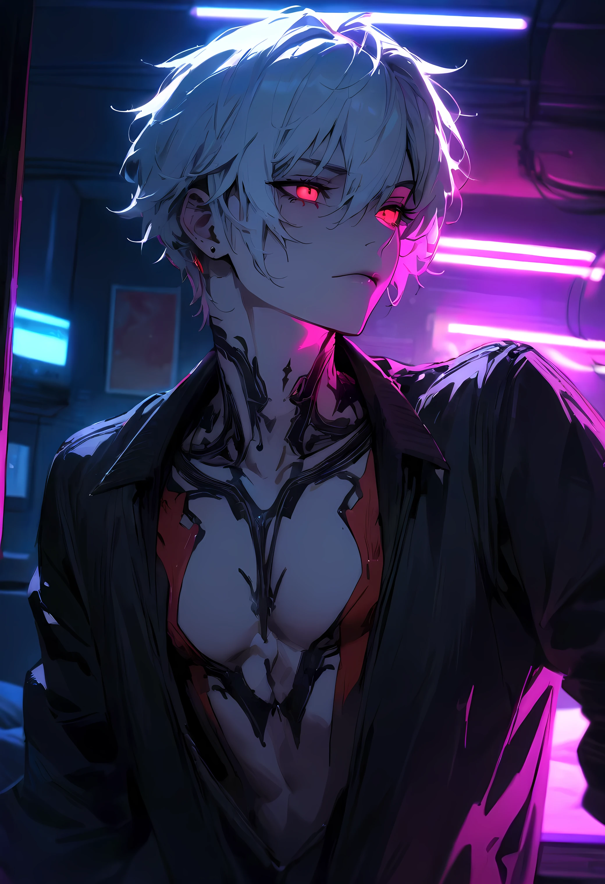 ((best quality)), ((masterpiece)), (detailed),(Cyberpunk) A boy with Short White hair and red eyes, showing his demon black tatto in his neck, in bedroom with neon light