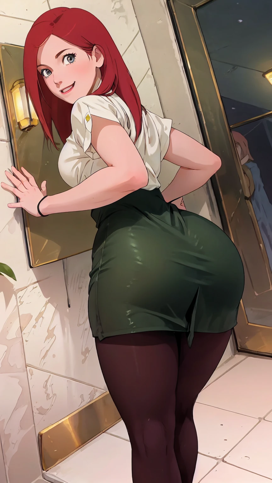 ((pantyhose))mesa ((bunda grande))((Swamp breasts))((rosto perfeito))((Sensual))(((Traje mesa HOT))), Obra-prima， A melhor qualidade no melhor， 1 ， Kushina Uzumaki ， seios grandes saia transparente ,（escote)，（Close da parte superior do corpo)，，Is shy，sorriso，com cabelo rosa， longo， There is a woman with red hair and stockings posing in a bathroom, bottom angle, Lit from behind, de joelhos, coxas e saia, de joelhos, peeping from behind, coxas de perto, curvy accentuated booty, Estudante hiper-realista em vestido curto apertado , Joelhos enfiados, dobrar, hugging your knees, iluminado por baixo, view from behind, upskirt
