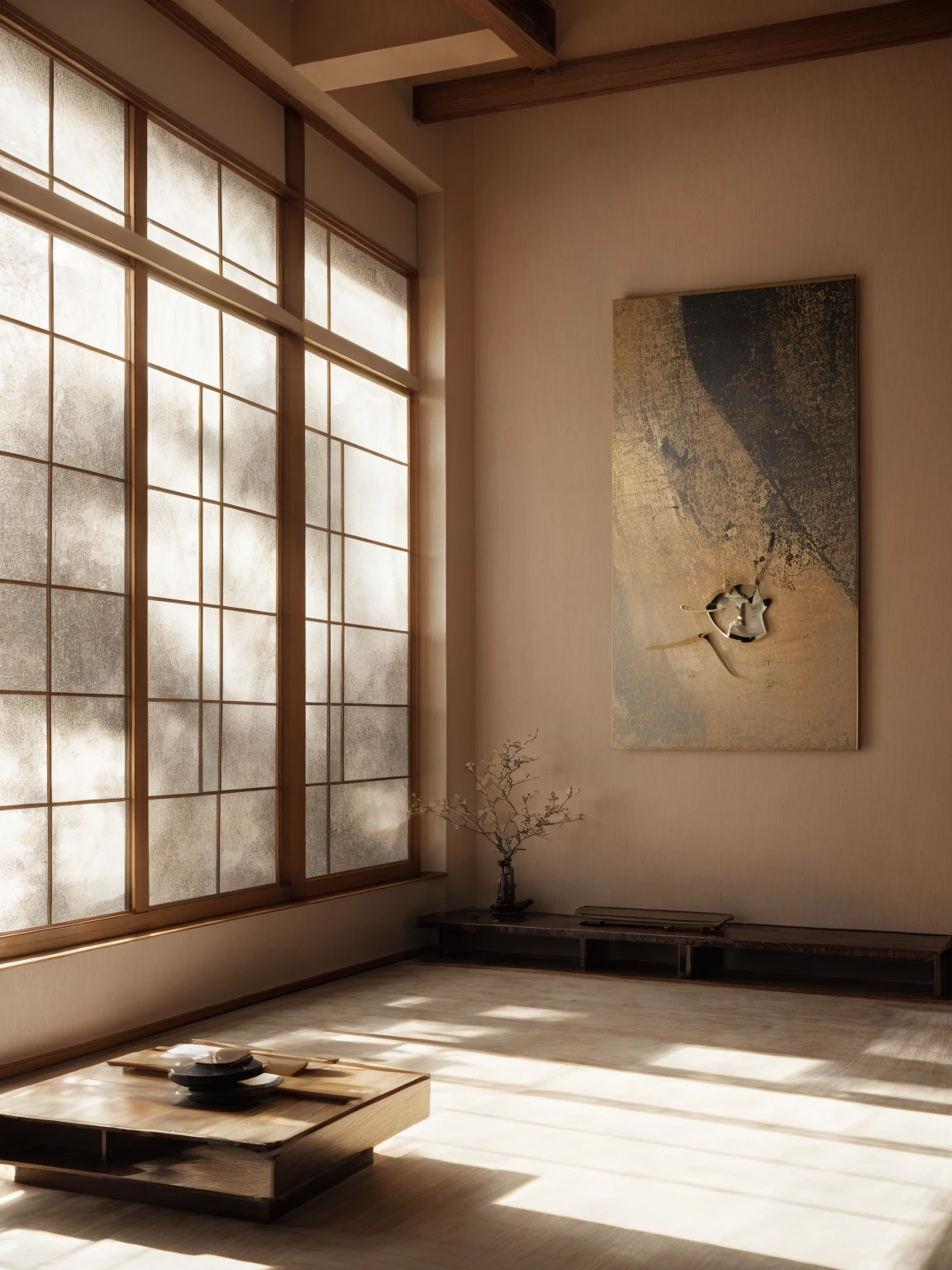 There is a room，There is a table and a window inside，There is a painting on it, Hashiguchi Goyo (Goyō Hashiguchi) of inspiration, Inspired by Mitsunobu Kano, Inspired by the Kanada Heart, japanese inspired, with japanese inspired, modern japanese living room, Inspired by Dongyang Sesshu, Japanese style