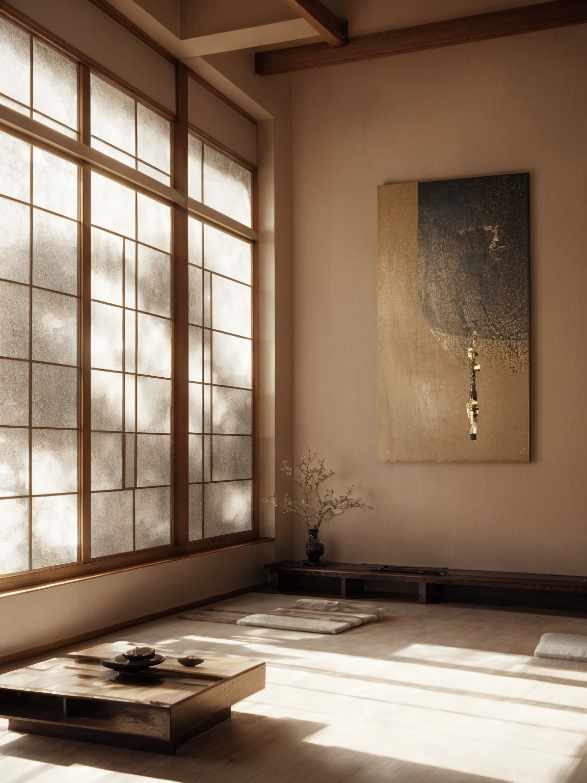 There is a room,There is a table and a window inside,There is a painting on it, Hashiguchi Goyo (Goyō Hashiguchi) of inspiration, Inspired by Mitsunobu Kano, Inspired by the Kanada Heart, japanese inspired, with japanese inspired, modern japanese living room, Inspired by Dongyang Sesshu, Japanese style
