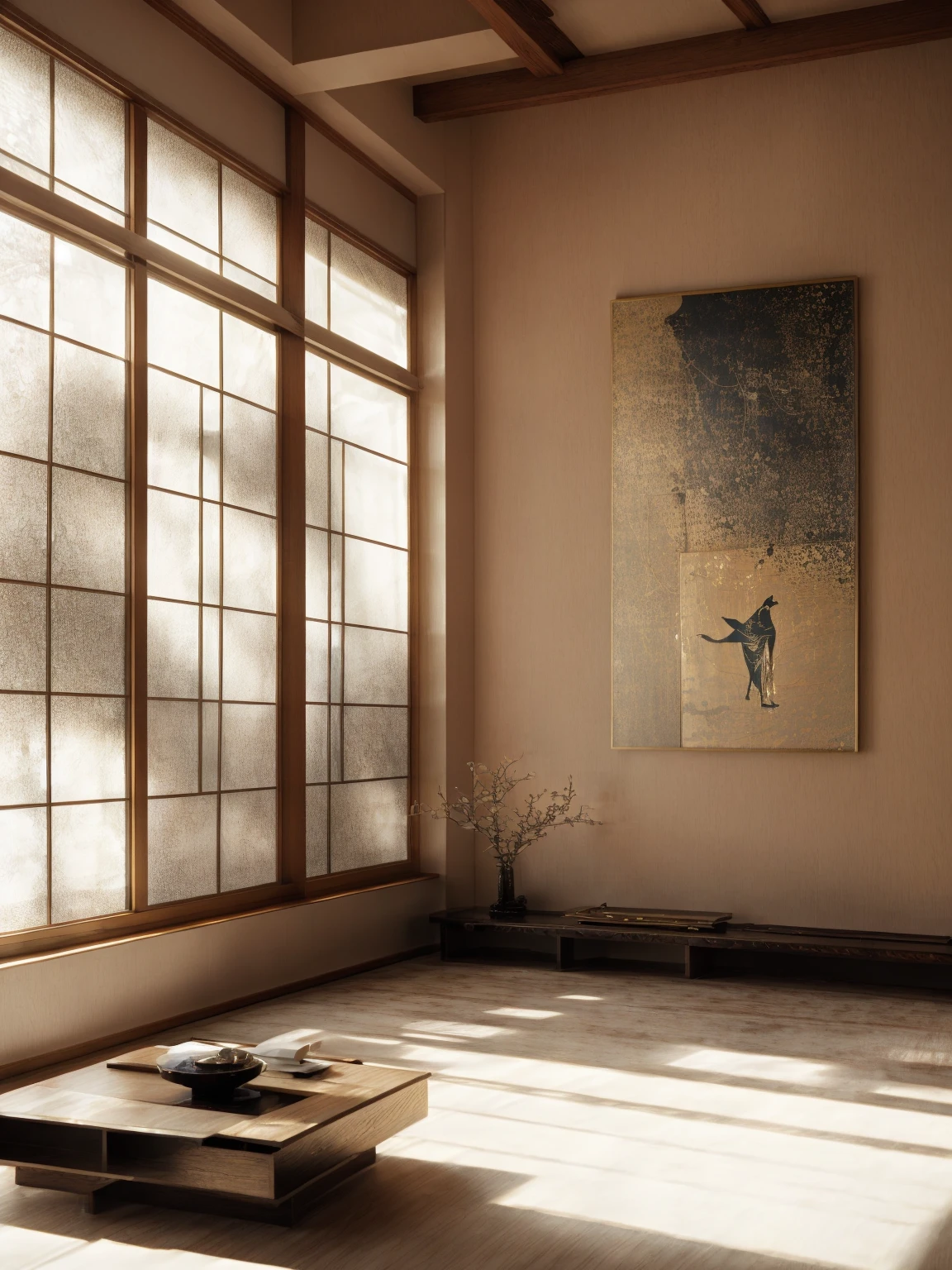 There is a room,There is a table and a window inside,There is a painting on it, Hashiguchi Goyo (Goyō Hashiguchi) of inspiration, Inspired by Mitsunobu Kano, Inspired by the Kanada Heart, japanese inspired, with japanese inspired, modern japanese living room, Inspired by Dongyang Sesshu, Japanese style