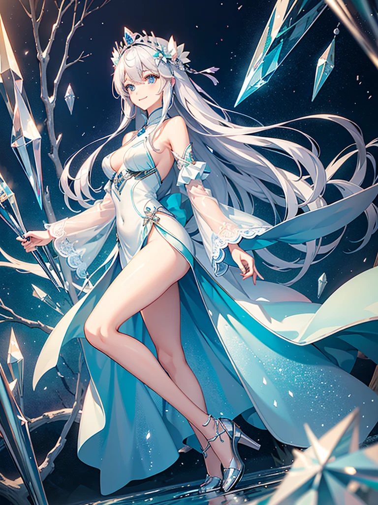 A quiet and cool place,Full of dreamy atmosphere,Everything is made of crystal,只有一個girl是活的,She looked at the environment,A natural smile appeared on his face,
((Crystallization)),girl,solo,silver hair,Eye color,Fashionable clothing