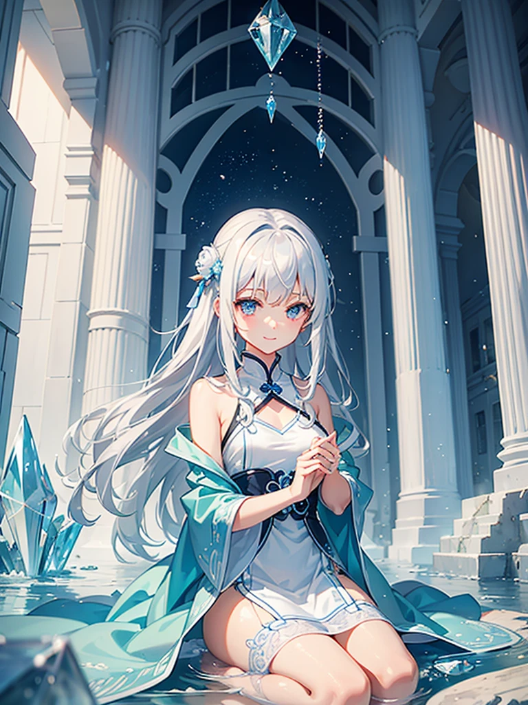 A quiet and cool place,Full of dreamy atmosphere,Everything is made of crystal,只有一個girl是活的,She looked at the environment,A natural smile appeared on his face,
((Crystallization)),girl,solo,silver hair,Eye color,Fashionable clothing