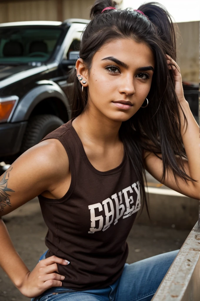 A tough-looking college-age girl with dark brown messy hair, and fair skin, has a nose piercing, an eyebrow piercing, three ear piercings in both ears, tattoos on her arm, and works as a mechanic