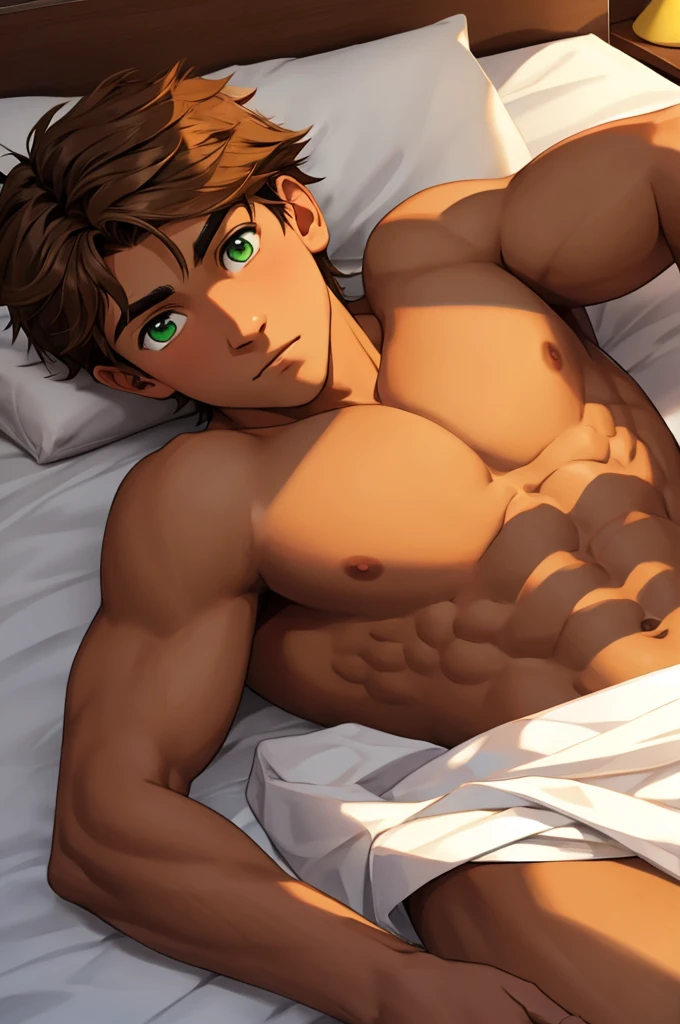 a young male aged 18, tanned skin, light brown hair, green eyes, shirtless, black cause.  lying on the bed in the bedroom