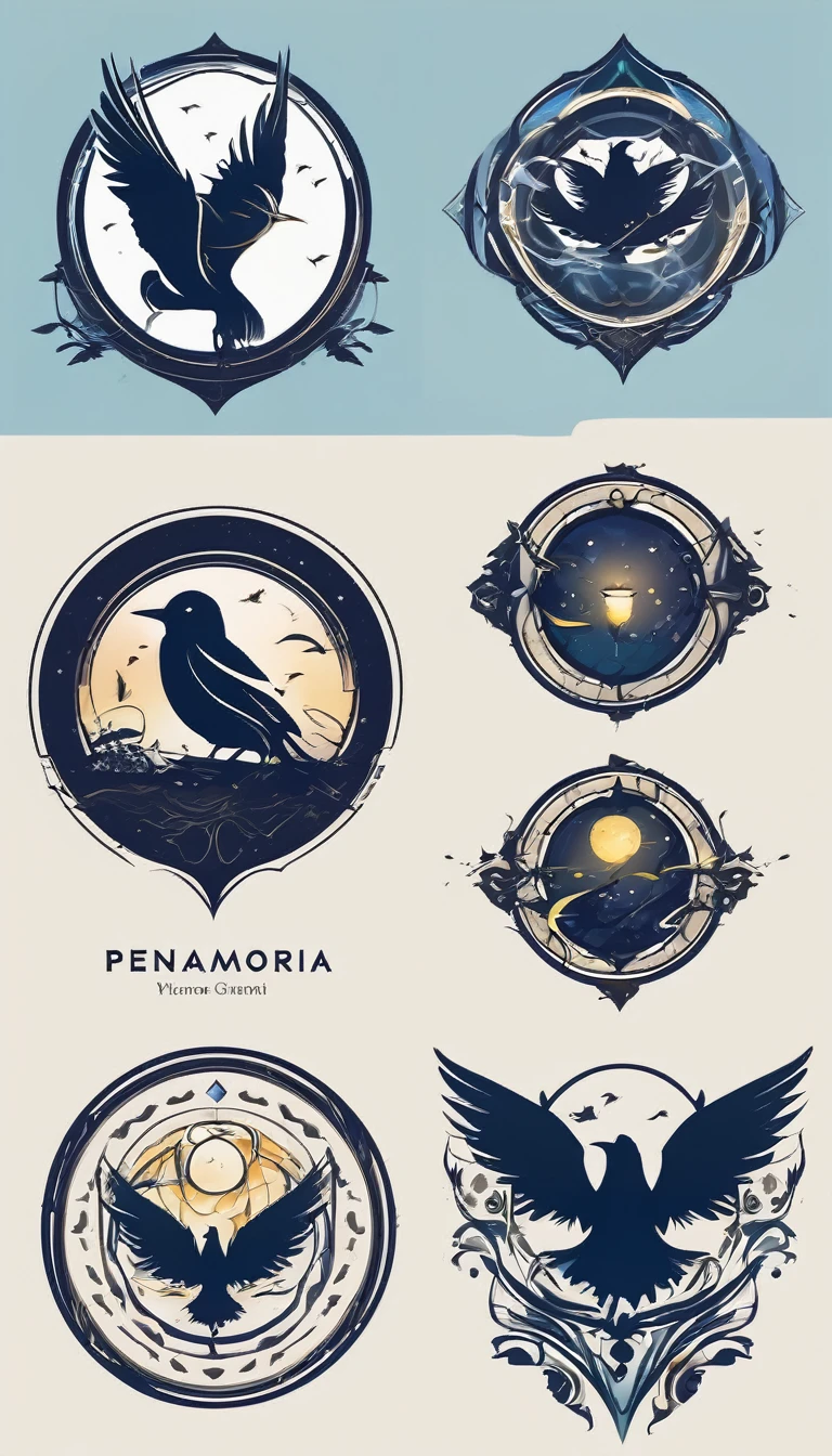 Create a minimalistic, simple, fantastic, easy to understand, logo design for an upcoming Fantasy Role Playing Game called " Penamemoria". The game is about a world full of bird and feathers. A boy enters that world and discovers his true artistic identity. Create a logo design that transmits the essence of this videogame. It´s a fantasy game, with fantasy elements. Create the logo in the center and a fantasy theme as background. Use the colours blue, white, yellow in the logo. The logo design must convey a sense of fantasy, dreams and music. Must convey a feeling of being a true Dreamer