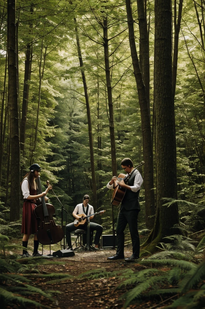 A band plays music in the deep forest