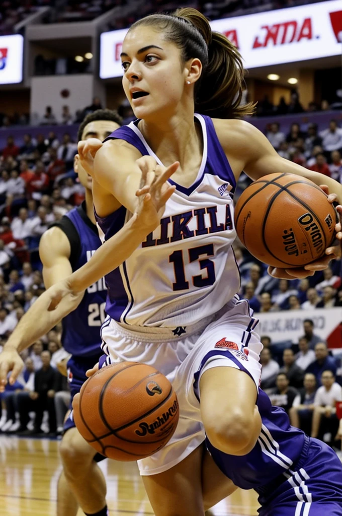 Una fresa, que tiene brazos, piernas y cara, jugando un campeonato de basketball