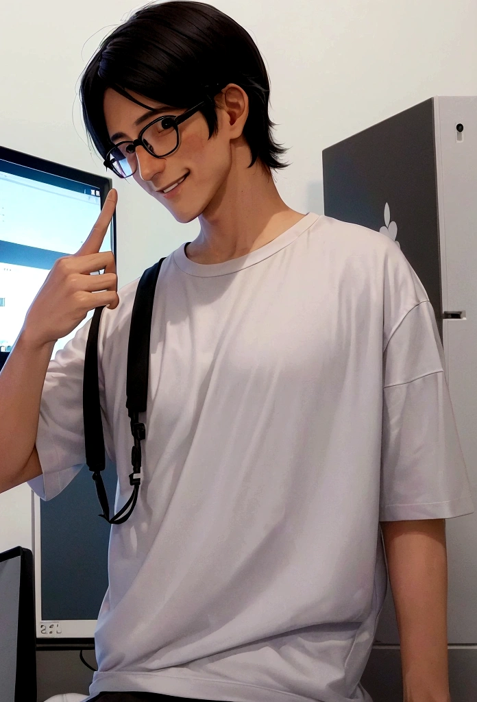 Anime hosoda mamoru。A man in his 30s with black hair and glasses。White T-shirt。Holding a laptop under one arm。 The index finger of the hand not holding the laptop is pointing upwards。 Face facing the camera、smile。 The composition is a deformed bust shot of about 5 lifespan.、Viewed from the side holding the PC。