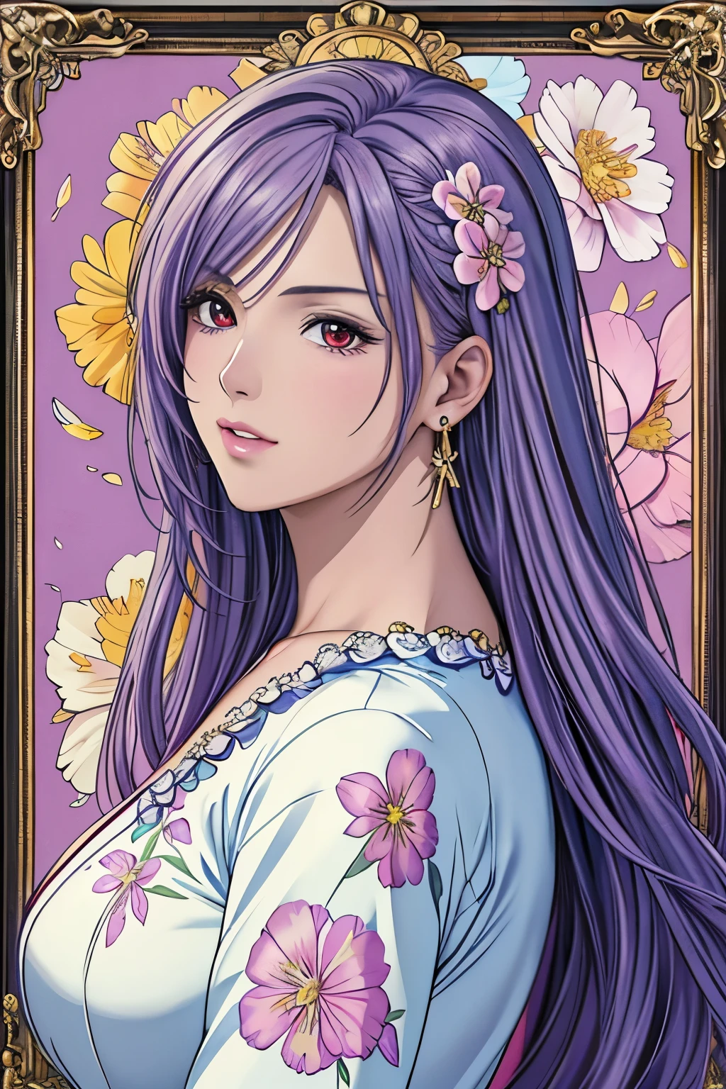 (​masterpiece, top-quality, top-quality, Official art, Beautifully Aesthetic:1.2), red eyes, (highest quality, masterpiece painting:1.3), immature woman, 16 years old, (half body shot), masterpiece, ultra high resolution, (((Flower frame, A lot of flowers in the frame, round frame, A beautiful girl fits into the frame))), Decorative panel, abstract art, (shot from a side angle), (Photoreal:1.0), ((light purple hair)),straight hair, beautiful shining hair, white and shining skin, Painterly, sketch, Texture, 超A high resolution, solo, Beautuful Women, A highly detailed, (Fractal Art:1.1), (colourfull:1.1), (florals:1.6), The most detailed, (Zentangle:1.2), (Dynamic Poses), (Abstract background:1.3), (shinny skin), (Many colors:0.8), (earrings:1.4), (pluma:0.9), Taisho romance