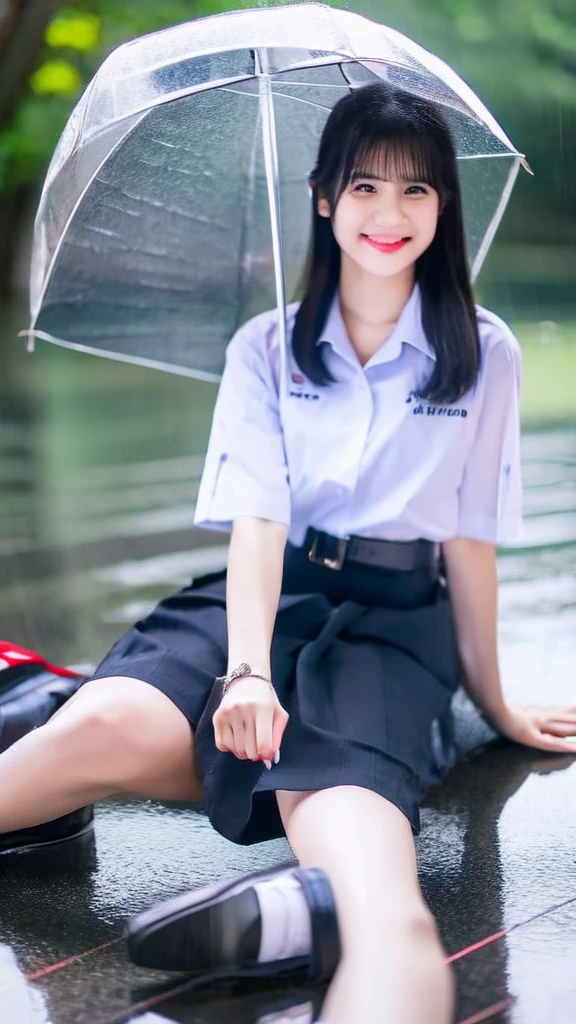 1 a thai cute girl ,white wet shirt, uniform university of thailand,mini black short skirt,mini earrings,mini necklace,she wearing red high heels,she sitting, straight hair long styles,big white ribbon on her hair.she had no make up on her face,she had mini bag.wet rain,