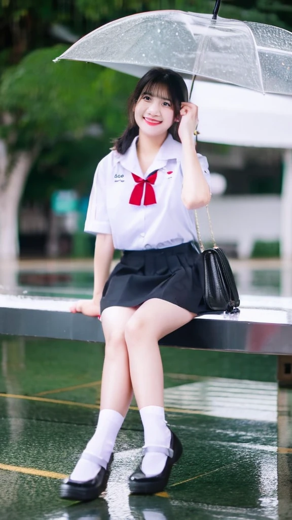 1 a thai cute girl ,white wet shirt, uniform university of thailand,mini black short skirt,mini earrings,mini necklace,she wearing red high heels,she sitting, straight hair long styles,big white ribbon on her hair.she had no make up on her face,she had mini bag.wet rain,