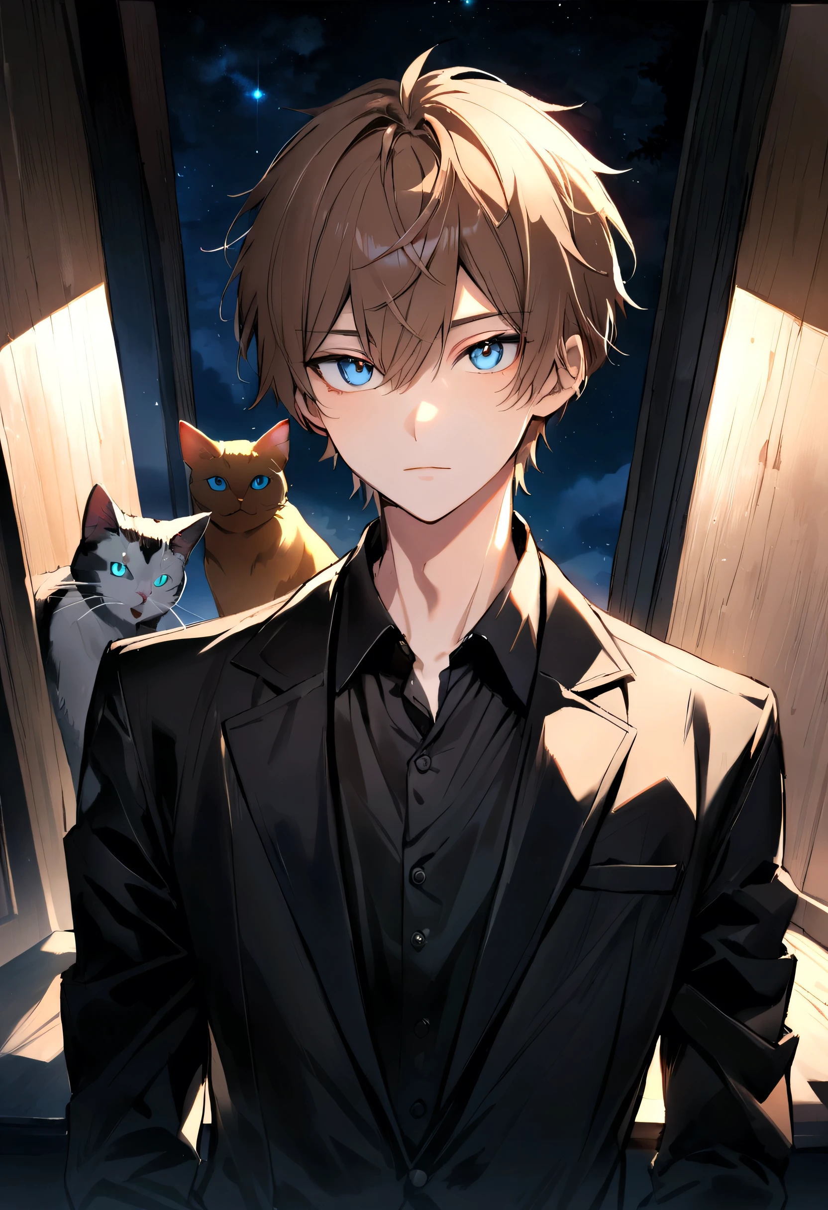 (Highest quality)(1 teenage male,single,brown hair,blue eyes ,Black suit shirt,Turn to look at the viewer,with guardian cat)