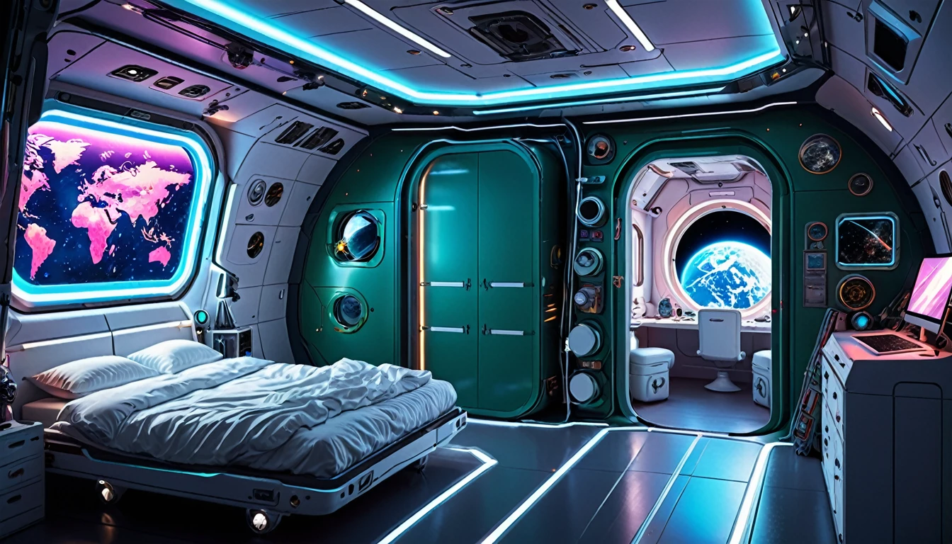 image, with depth, realistic of a cabin in a naza rocket, a cozy environment, a super comfortable bed, with wrinkled and white sheets on the right side, on the left side an ornamental closet with equipment for personal use with astronaut clothes, the cabin is in Earth's orbit, there is a lot of equipment in relief, from orbital operating machines, atmospheric pressure checking devices, monitoring equipment with a world map, large windows that go from floor to ceiling turned with neon lights that give it a charm to space, with a view of space, the environment has total harmony between colors, the colors are typical of a spaceship, predominantly blue, green and pink neon lights, a very intriguing image in the style of a Disney Space film., 3d render, cinematic, wildlife photography, vibrant , etyle RPG