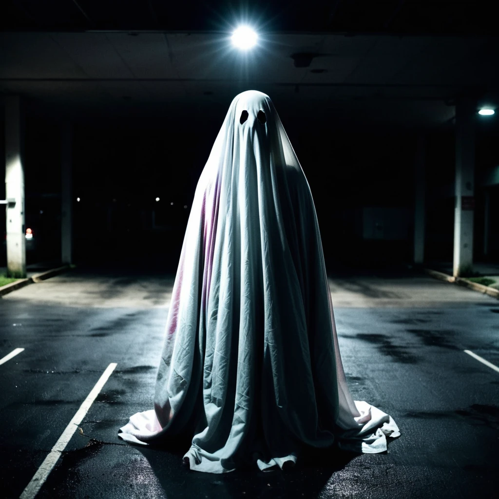 Very dark flash photography of a ghost person at night in a covered parking lot, wide angle, black background, big breasts