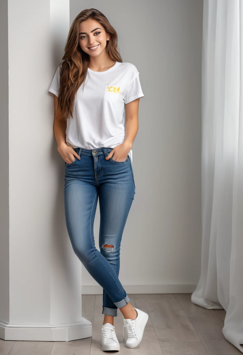 A stunning 24 year old woman with an attractive proportionate body, long brown hair and piercing yellow eyes, is standing facing the camera, looking at the camera, casual, attractive proportionate body, wearing a white t-shirt and jeans, wearing white sneakers, she smiles sweetly. 8k, distant view, full body. variety of poses