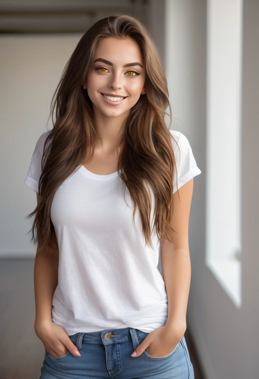 A stunning 24 year old woman with an attractive proportionate body, long brown hair and piercing yellow eyes, is standing facing the camera, looking at the camera, casual, attractive proportionate body, wearing a white t-shirt and jeans, wearing white sneakers, she smiles sweetly. 8k, distant view, full body. variety of poses