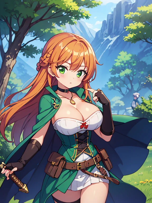 1girl, solo, long hair, lush hair, breasts, gloves, green dress, cleavage, large breasts, green eyes, weapon, braid, outdoors, choker, leather belt, sword, fingerless gloves, necklace, orange hair, trees, cape let, sheath, nature, brown corset, french braid, brown gloves, pendant, forest, pouch, sheathed, mountains, weathered clothes,