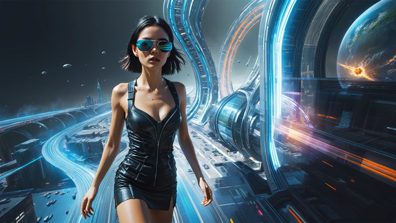 Brightly colored abstract aerial view image of a futuristic railway station with a spiral, a (((((futuristic all-glass train))))) passing by, epic beautiful space sci-fi, chaotic cinematic space rift, Greg Beeple, planets colliding, Beeple and Tim Hildebrandt, Beeple and Jean Giraud, end of the universe, (((((giant abstract sculpture))))), galaxy space sci-fi, ringworld, by Mike "Beeple" Winkelmann. Matrix style, (((((Matrix cascading code))))), (((((a futuristic twin tower skyscraper with a unique twisted design))))), (((((OLED GUI interfaces in the building))))), at night, (((((1girl, solo))))), photo realistic, (((large-breast:1.4 plump body, cleavage))), (((off broken mini sling-shirt and black sling bra, extreamly short pleated miniskirt exposing panty))), (((((running pose))))), (((((((matrix style black micro sunglasses))))))), ((((((((((aiming with a short gun)))))))))), (((((looking at camera))))), (((very low view))), (((((half-body thigh level medium shot))))), (((cinematic lighting))).