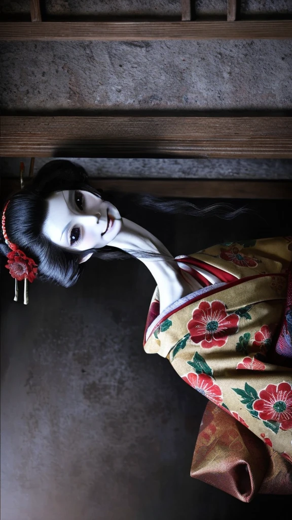 Red kimono、Smiling eerily